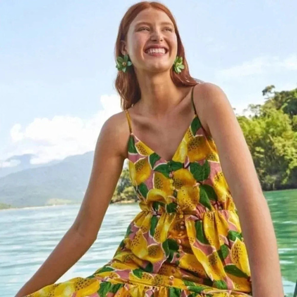 NWT Farm Rio Fresh Lemons Ruffle Peplum Linen Blend Fruits Midi Dress Size XS - Picture 3 of 12